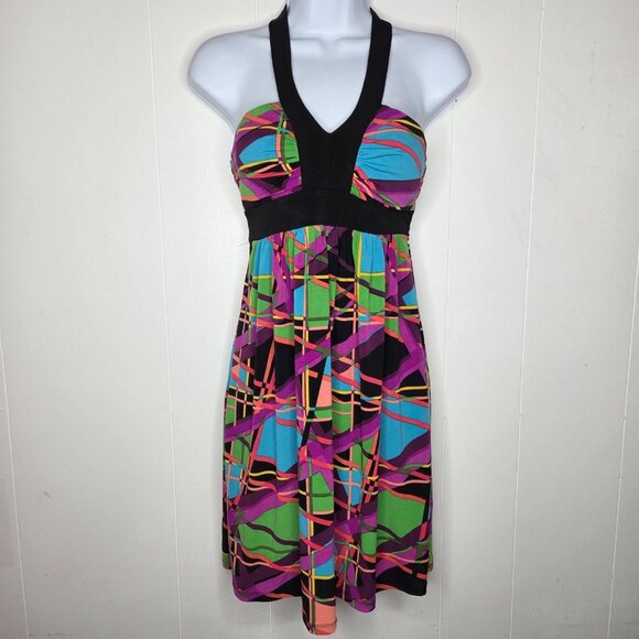 City Triangles Womens Abstract Halter Neck Baby Doll Dress Size S Stretch Bright - Picture 1 of 10